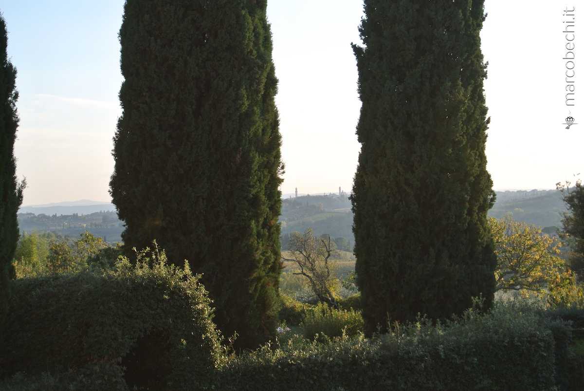 La vista di Siena in lontananza attraverso i cipressi di Pontignano