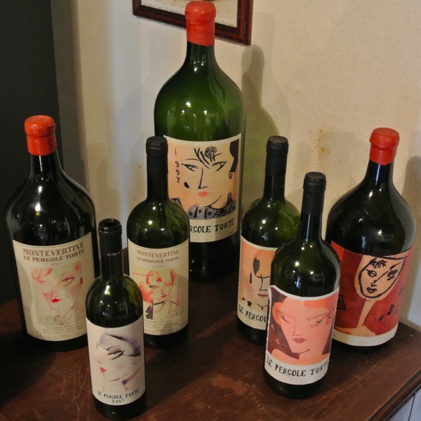 Le storiche bottiglie di "Pergole Torte di Montevertine" in vari formati