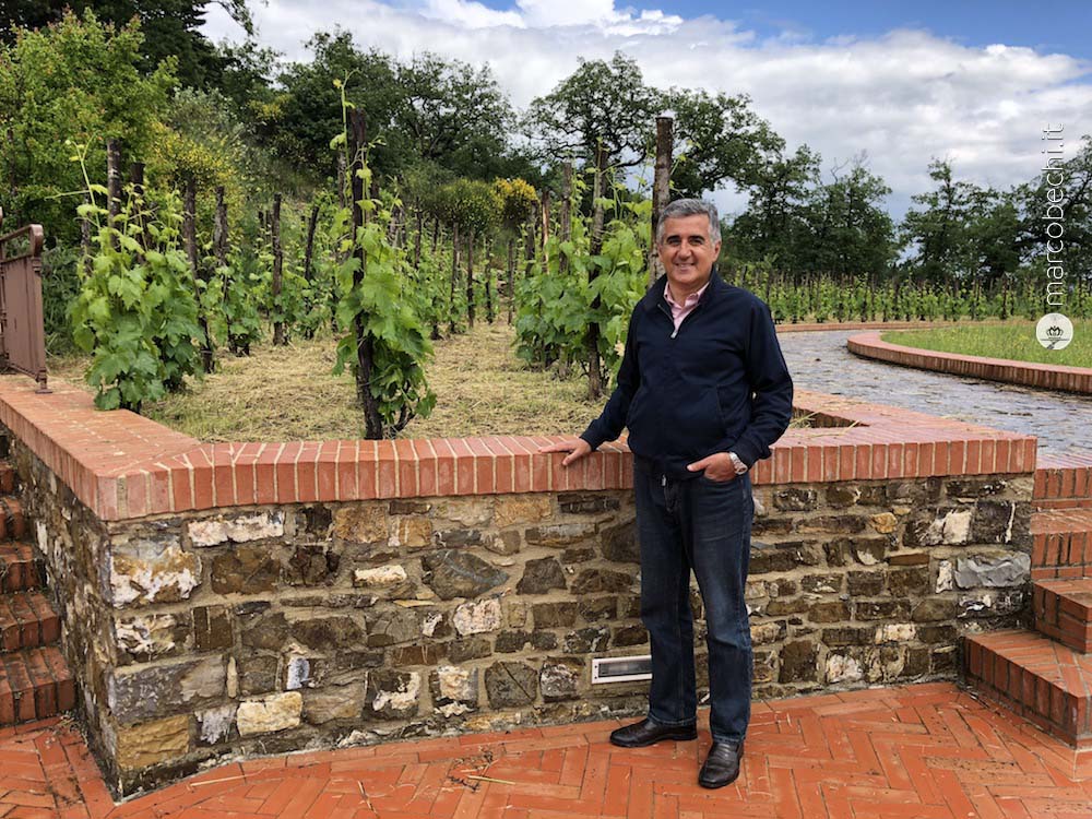 Giovanni Manetti di fronte ai vigneti accanto alla cantina