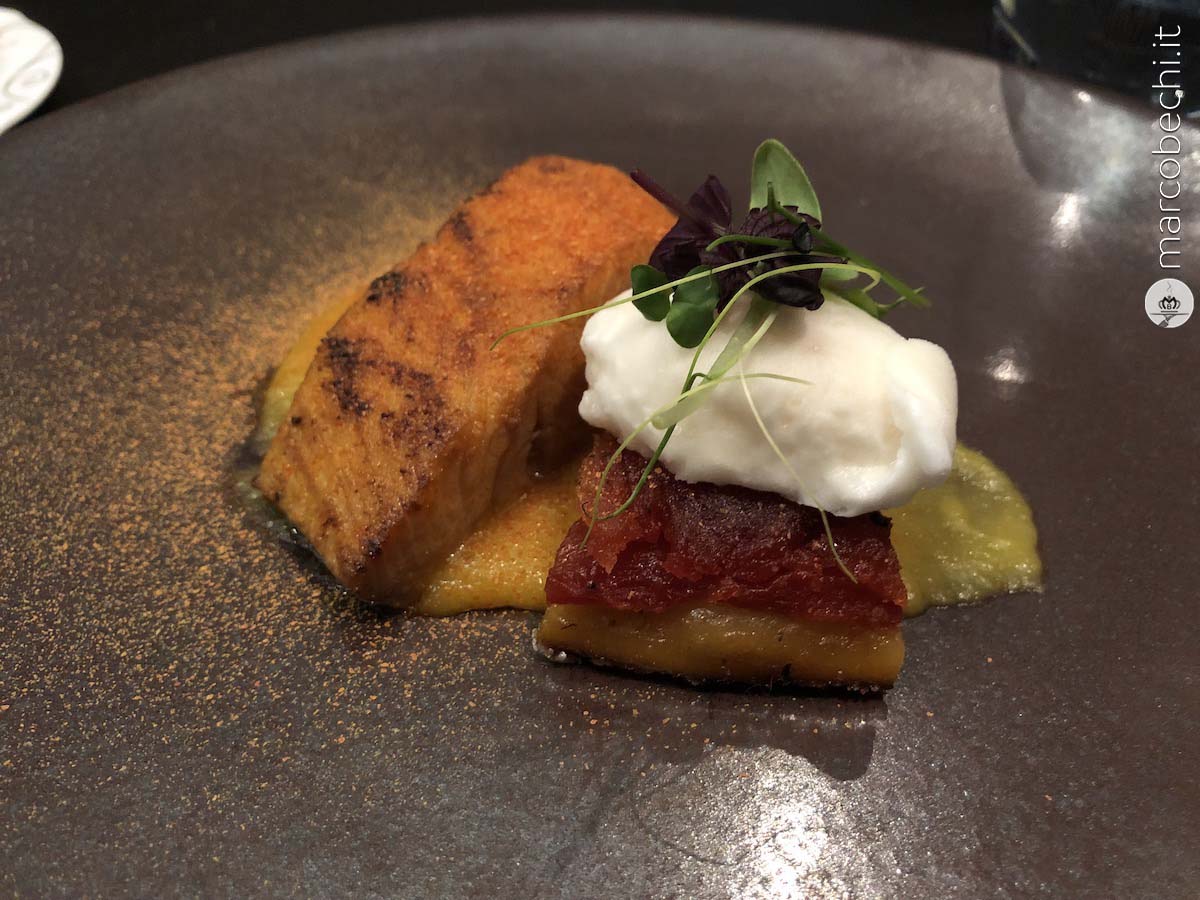 Ricciola al miso, Tarte Tatin di pomodori San Marzano, sorbetto al pomodoro verde