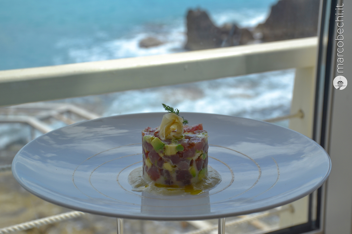 Tartara di tonno e avocado con crema di finocchi e riduzione di soia