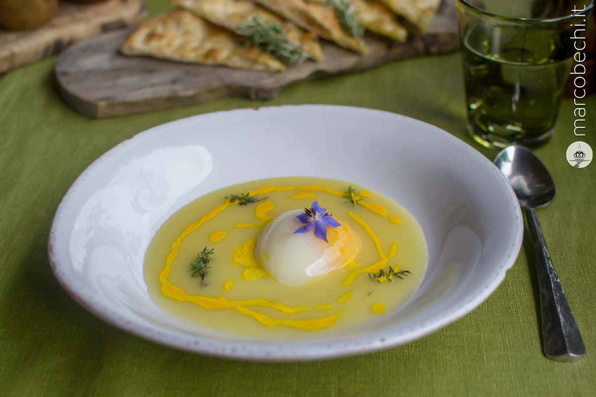 Uovo di Borgo, crema di porri e patate e zafferano di Palazzetto