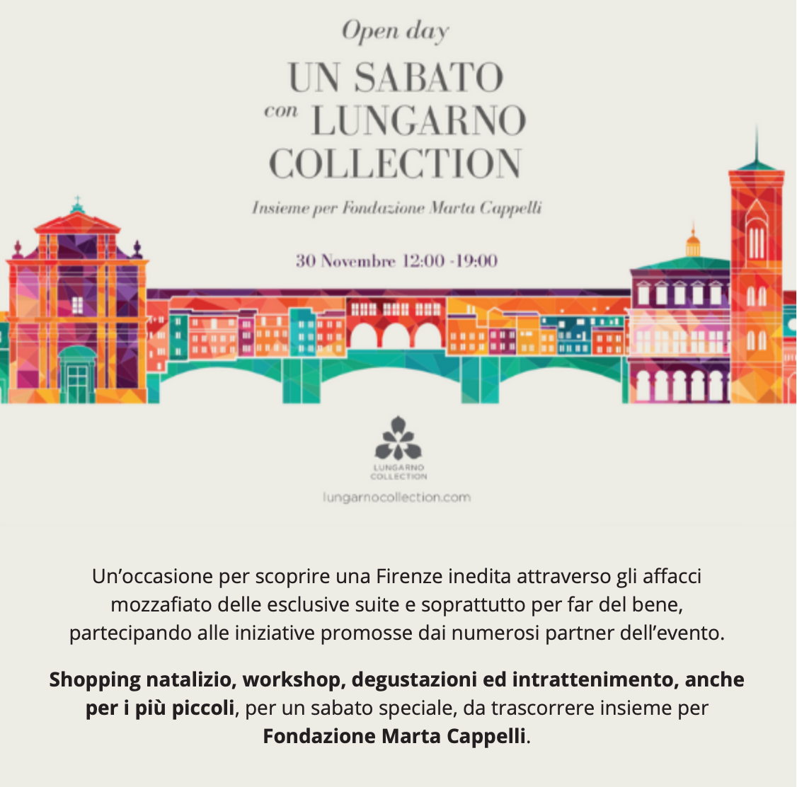 Lungarno Collection sabato 30 novembre un lungo pomeriggio di solidarietà a favore della Fondazione Marta Cappelli
