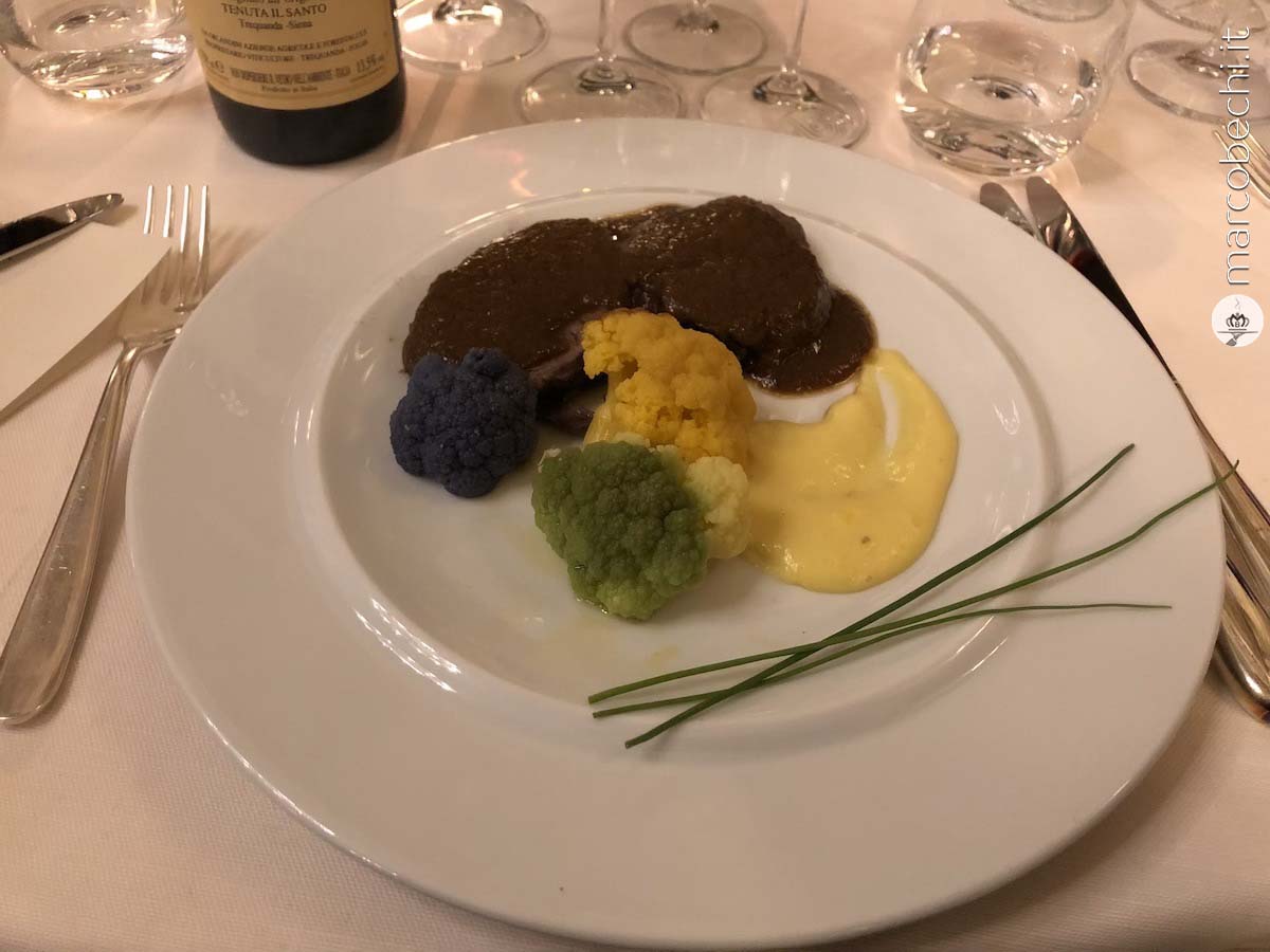 Brasato di Chianina al Vino Rosso di Montalcino con crema di patate allo zafferano e broccoli