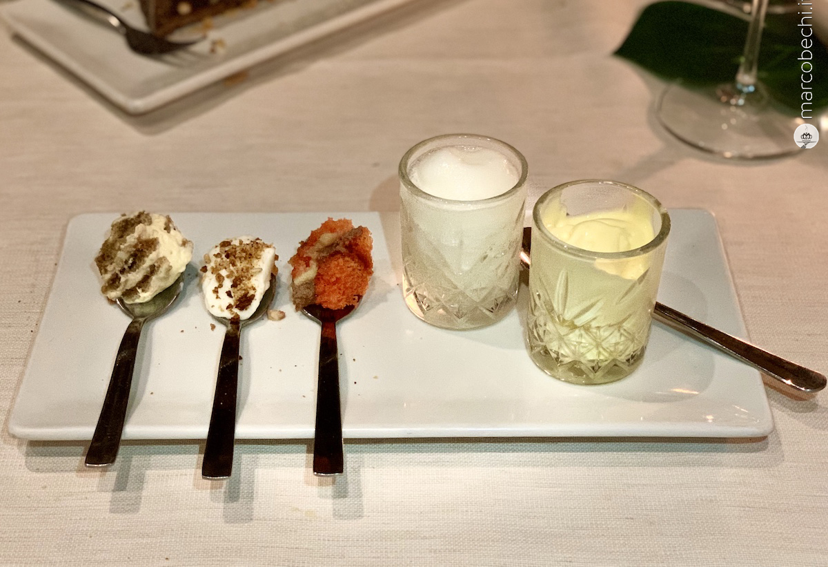 Gelato artigianale alla crema agrumata, sorbetto al limone con cucchiaini di zuppa inglese, panna cotta con briciole di biscotti di Prato di Mattei e Tiramisù