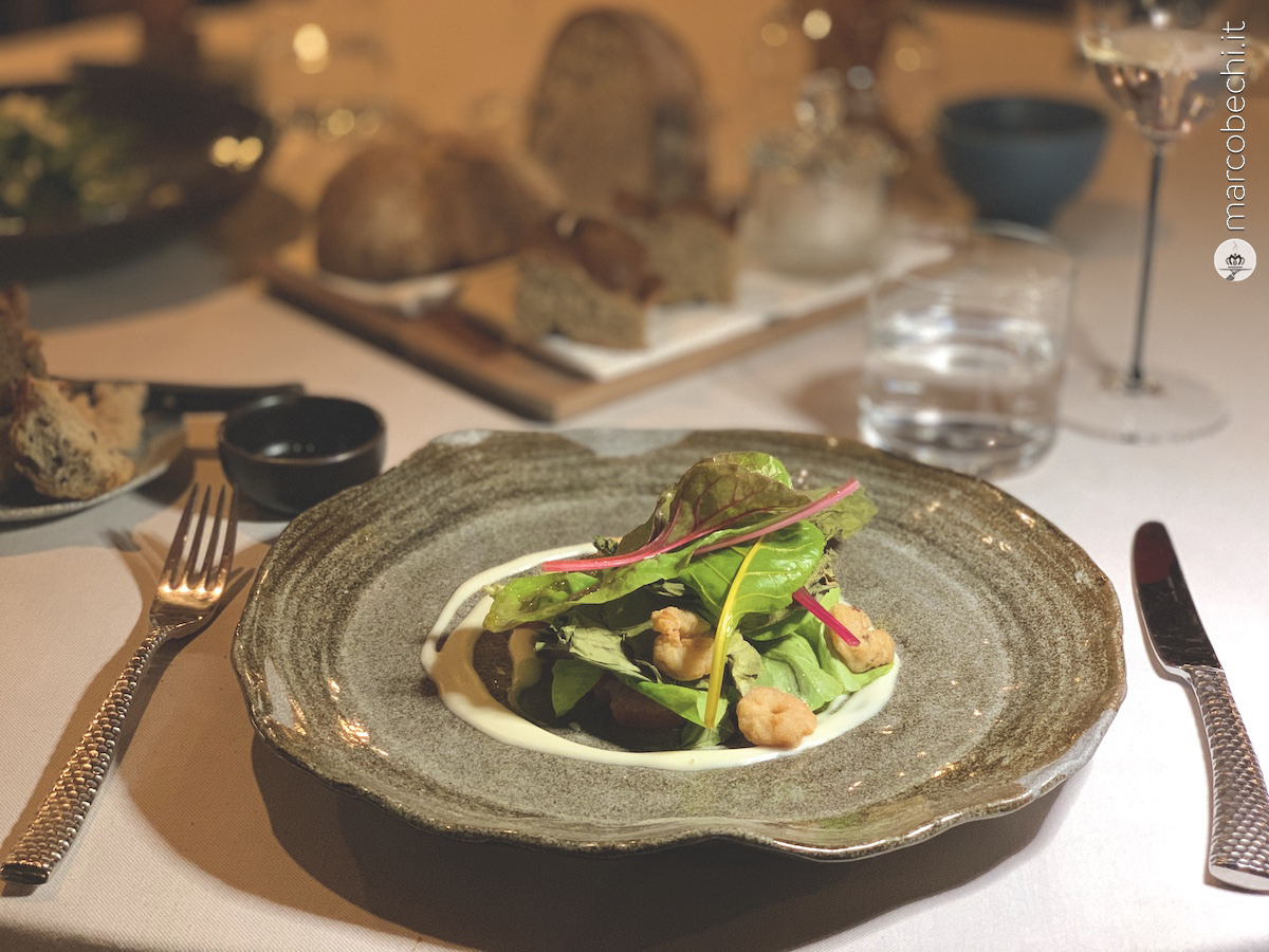 Gamberi e foglie cotte e crude, pecorino, pompelmo, cardamomo
