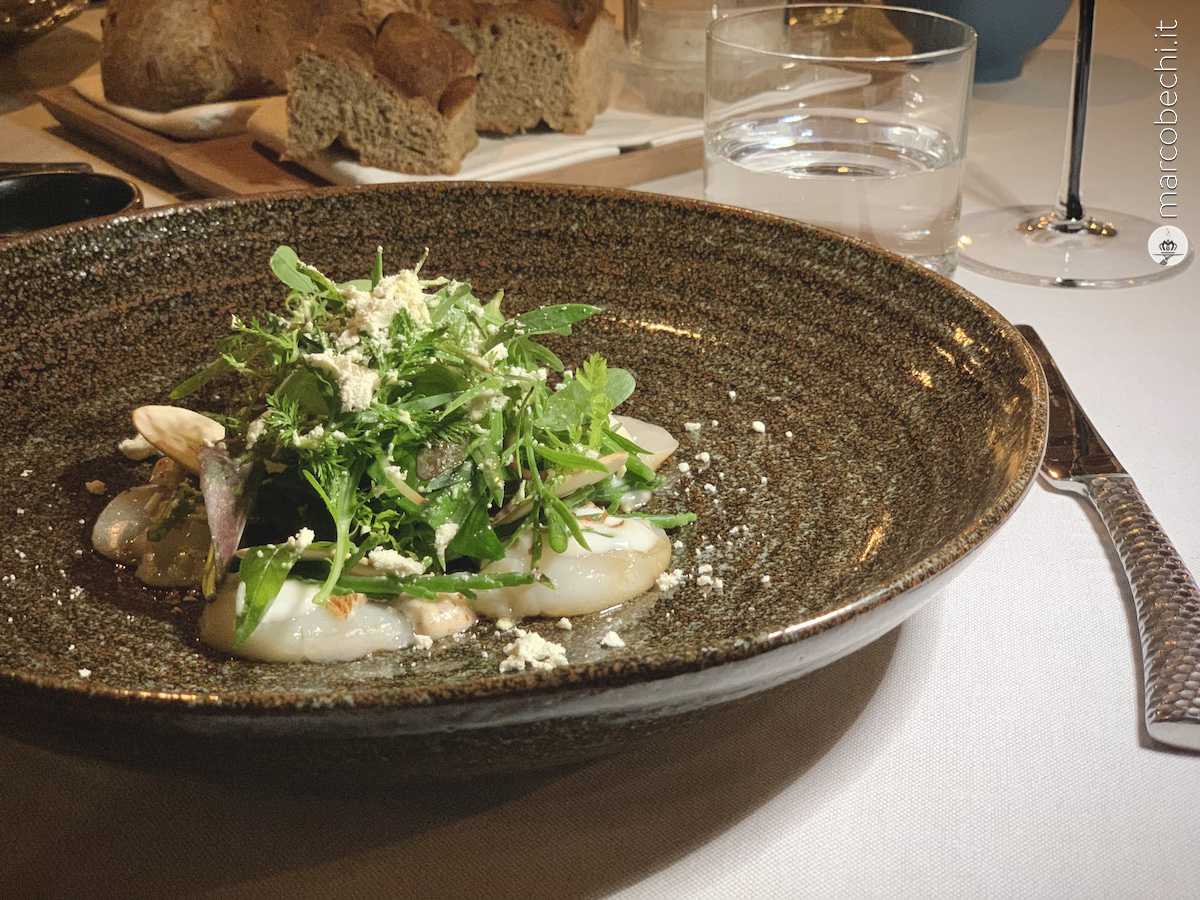 Cappesante, mandorle, funghi, salicornia