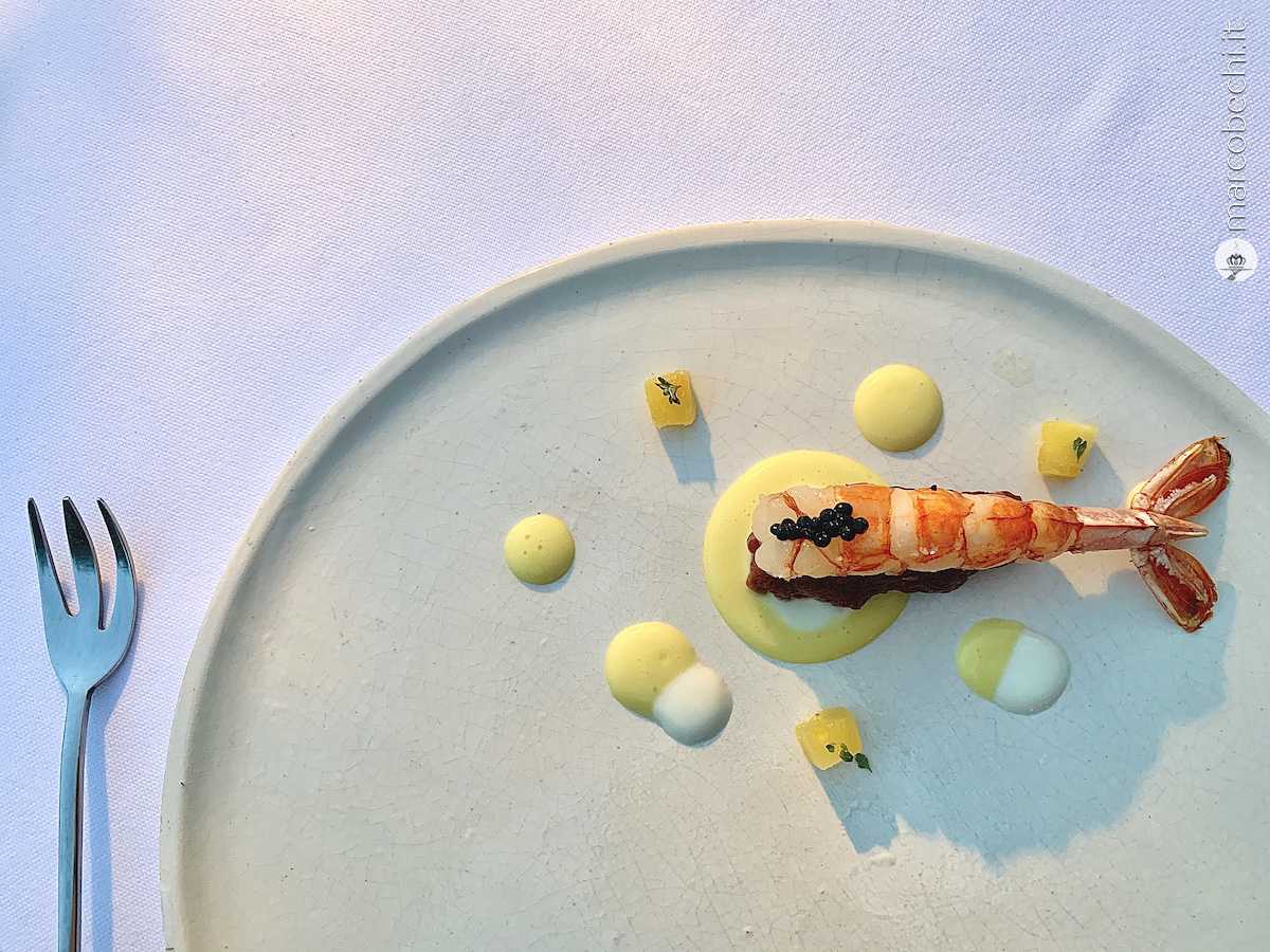 Tartare di cervo con gambero leggermente scottato sulla griglia con maionese all'ananas, crema ai fiori di sambuco e cprino e uova di muggine affumicate