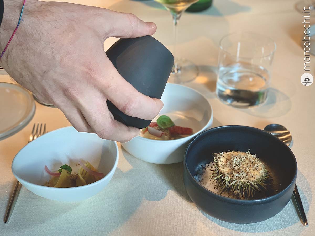Tartare di manzo con olio e sale affumicato e senape, un cremoso di riccio con patata affumicata e tartufo nero, cappelletto di panzanella e un crudo di gambero con humus di ceci e latte di cetriolo.