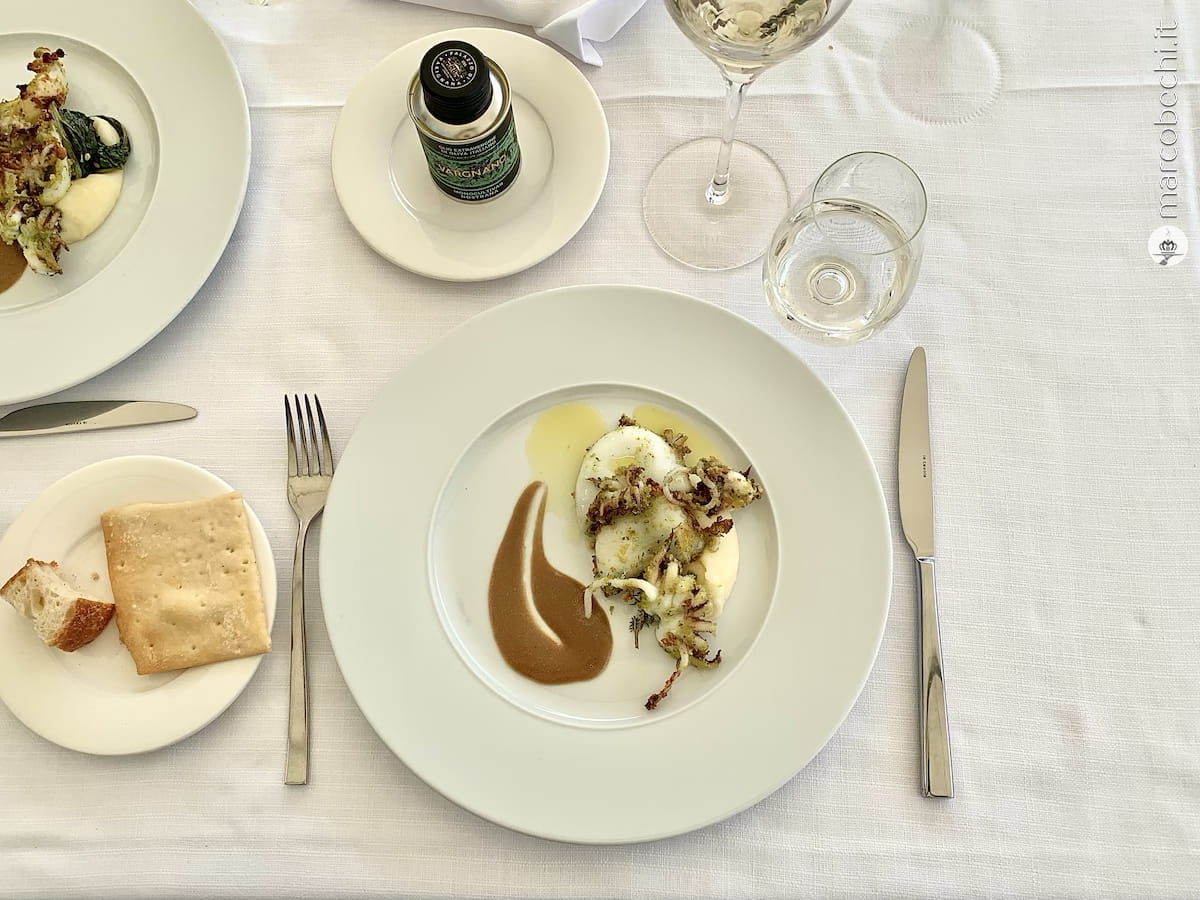 Seppie con erbe profumate alla griglia con bietola saltata, purea di patate e olio di Palazzo di Varignana Seppie con erbe profumate alla griglia con bietola saltata, purea di patate e olio di Palazzo di Varignana