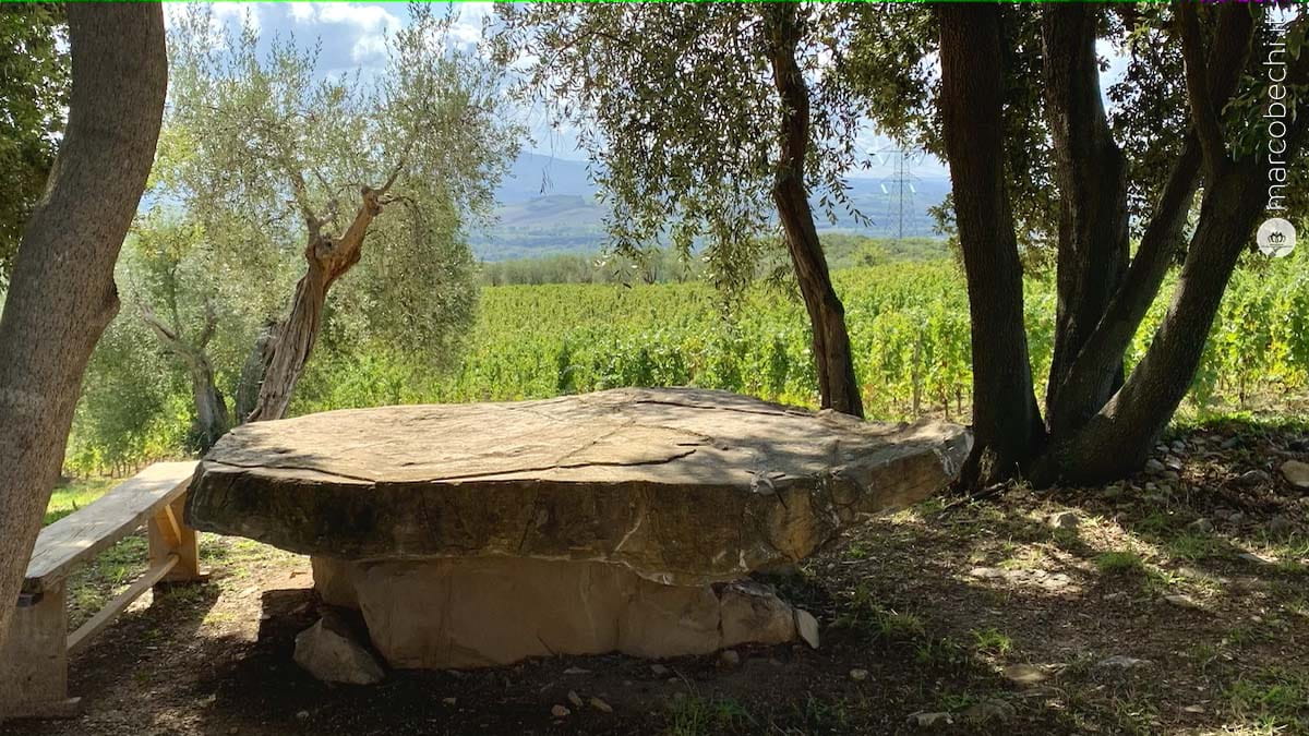 L'ampia tavola per le degustazioni in vigna ricavata da una roccia naturale