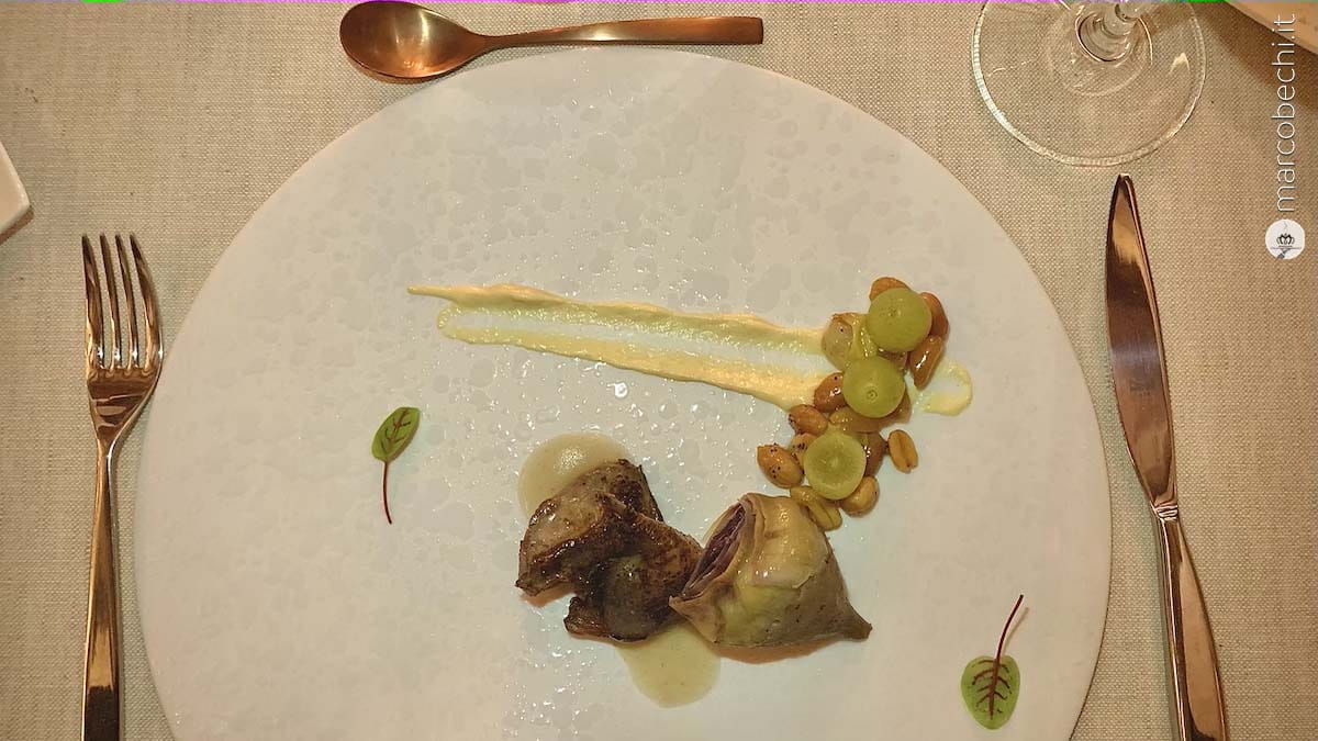 Piccione con uva ed arachidi, carciofo e maionese di senape