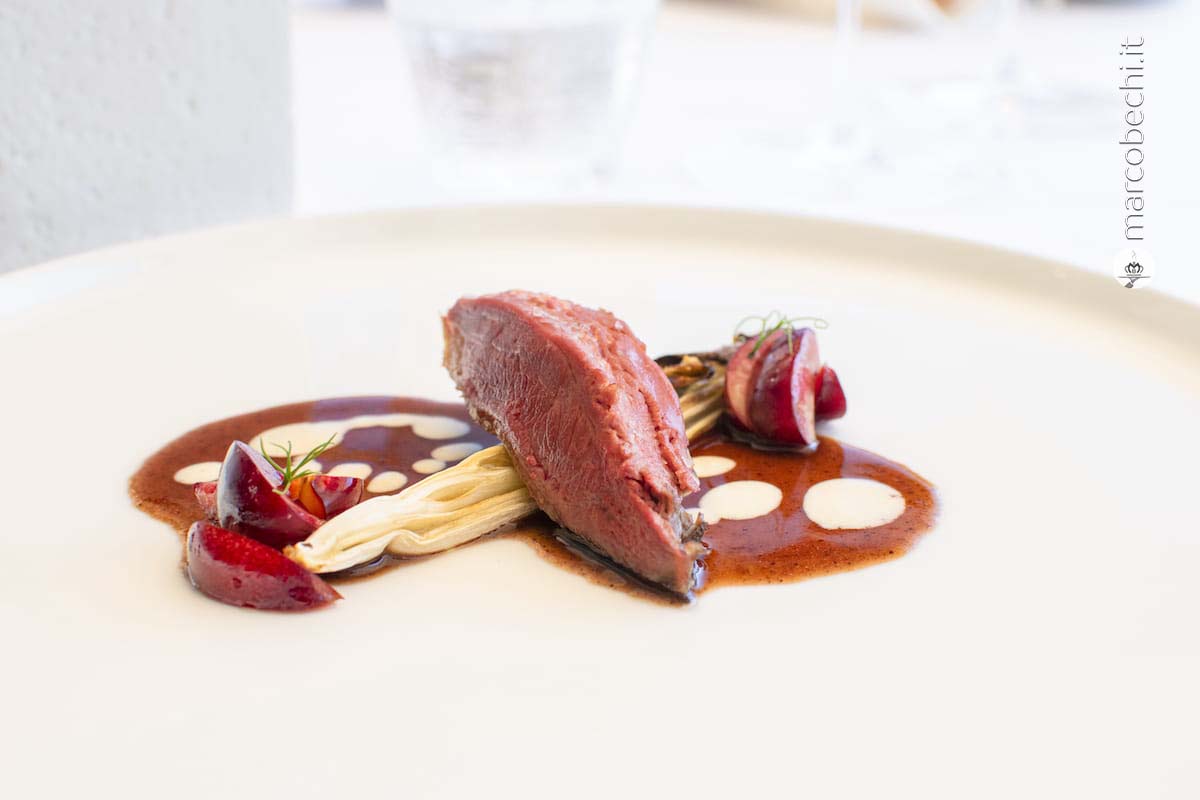 Piccione arrosto, indivia, ciliegia, foies gras e riduzione di porto