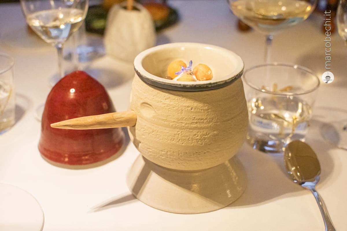 Pinocchio, sparnocchio, coccolo al latte di pecora, sparnocchio viareggino, lingua di vitella chianina Igp e salsa verde