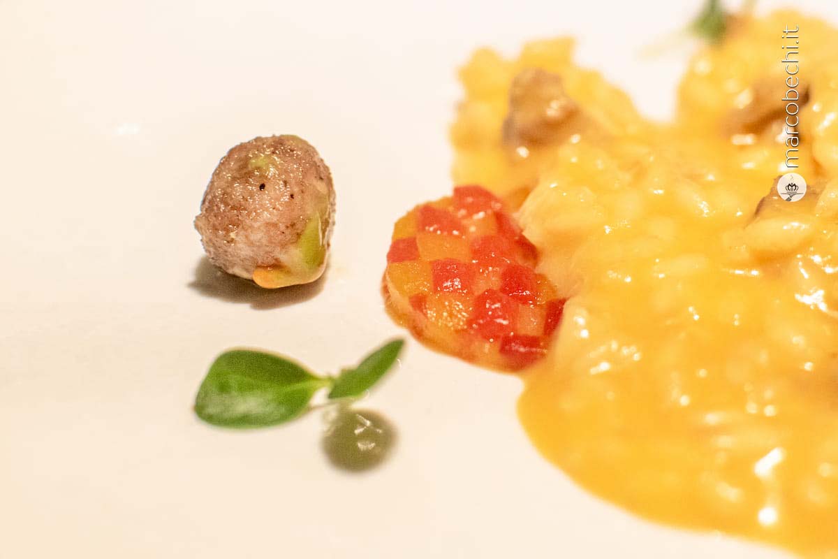 Risotto al peperone abbrustolito, cacio mugellano, salsiccia di maialino grigio casentino e finocchietto