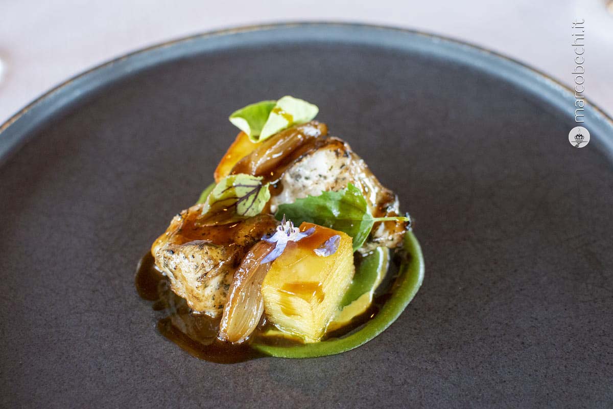 Boldrò - Rana pescatrice alla brace, finocchietto selvatico ed alloro, patate, scalogno, salsa pèrigourdine