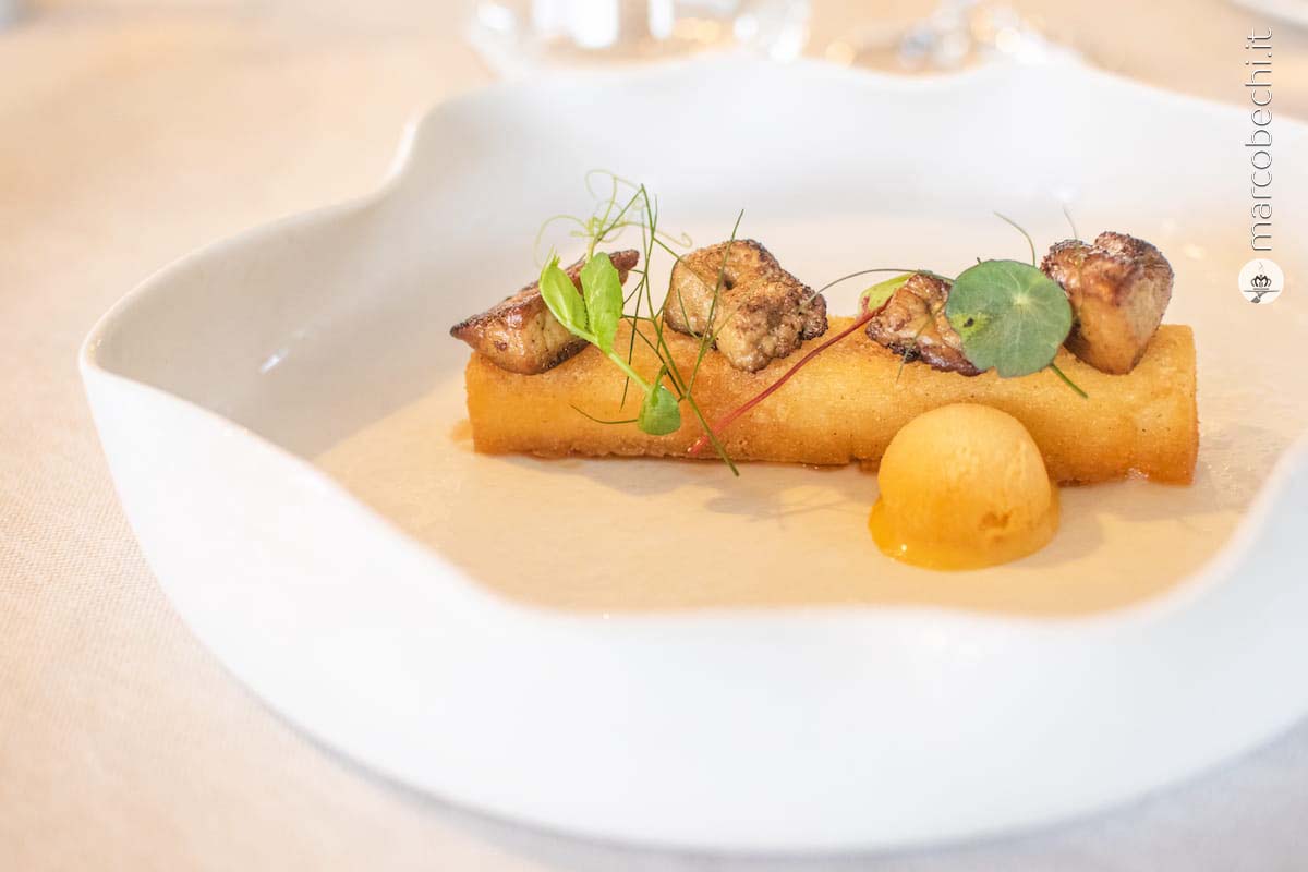 Foie gras, vinsanto, gelato albicocca e zenzero, mais bianco perla, finocchietto selvatico