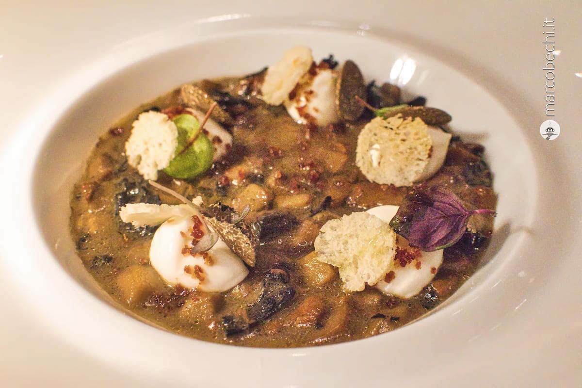 Zuppa di funghi porcini, fingerli e trombette con ricotta di bufala e pancetta