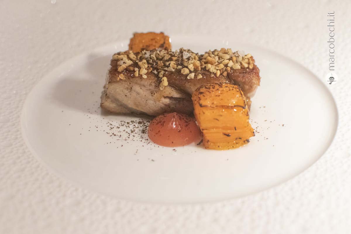 Ventresca di tonno con millefoglie di zucca, nocciole, caffè e salsa all'arancia