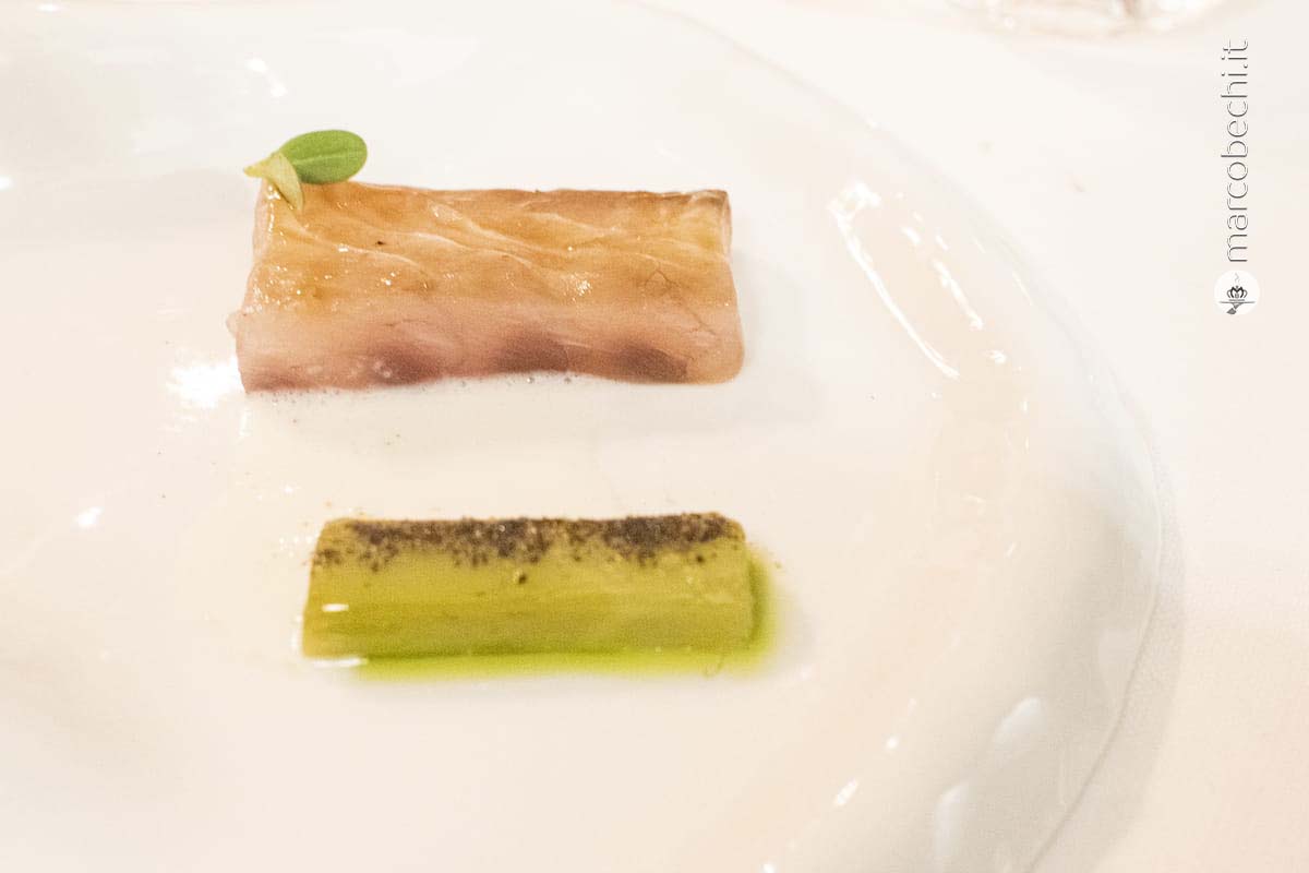 Ombrina marinata al bergamotto con salsa di soia, foglia di ostrica e porro.