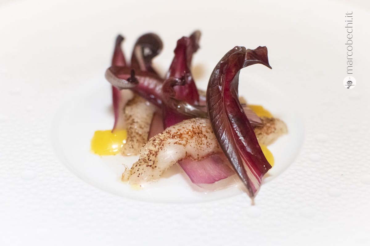 Scampi del Tirreno crudi, radicchio tardivo, zenzero, ginepro e arancia