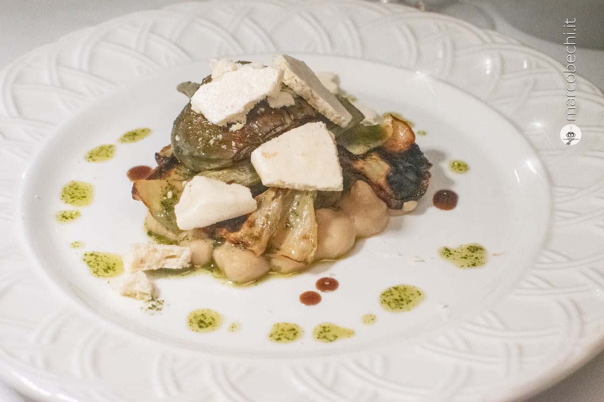 Meringata di sedano rapa, carciofi e menta