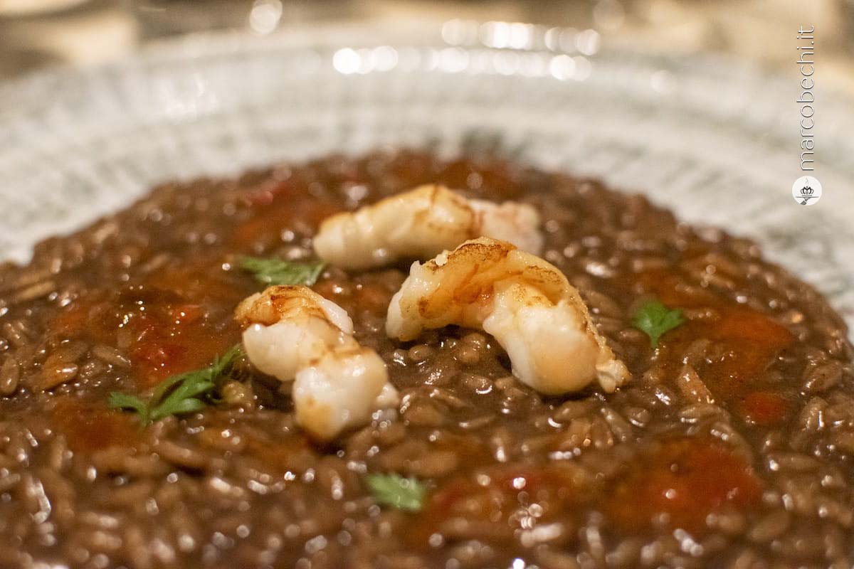 Risotto carnaroli con aglio nero, scampi siciliani freschi e polpa di riccio dell'Adriatico