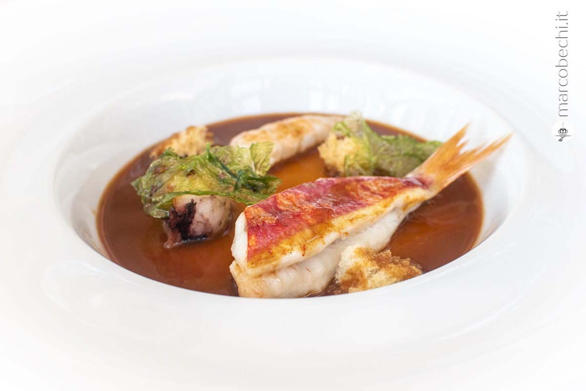 Zuppa di pesce, briciole di pane e alga di mare
