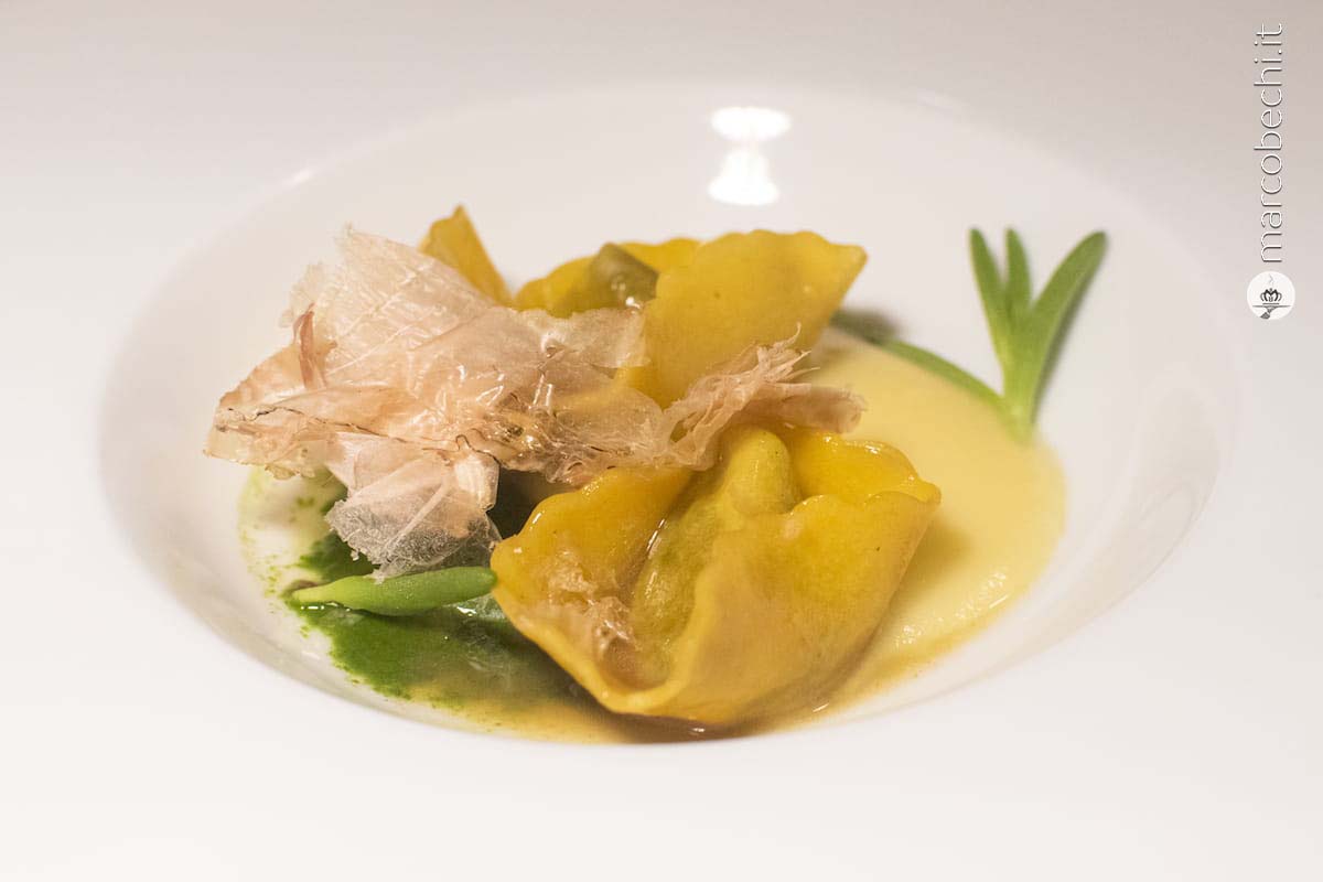 Tortello di Cinta Senese, Cime di Rapa e Katsuobushi