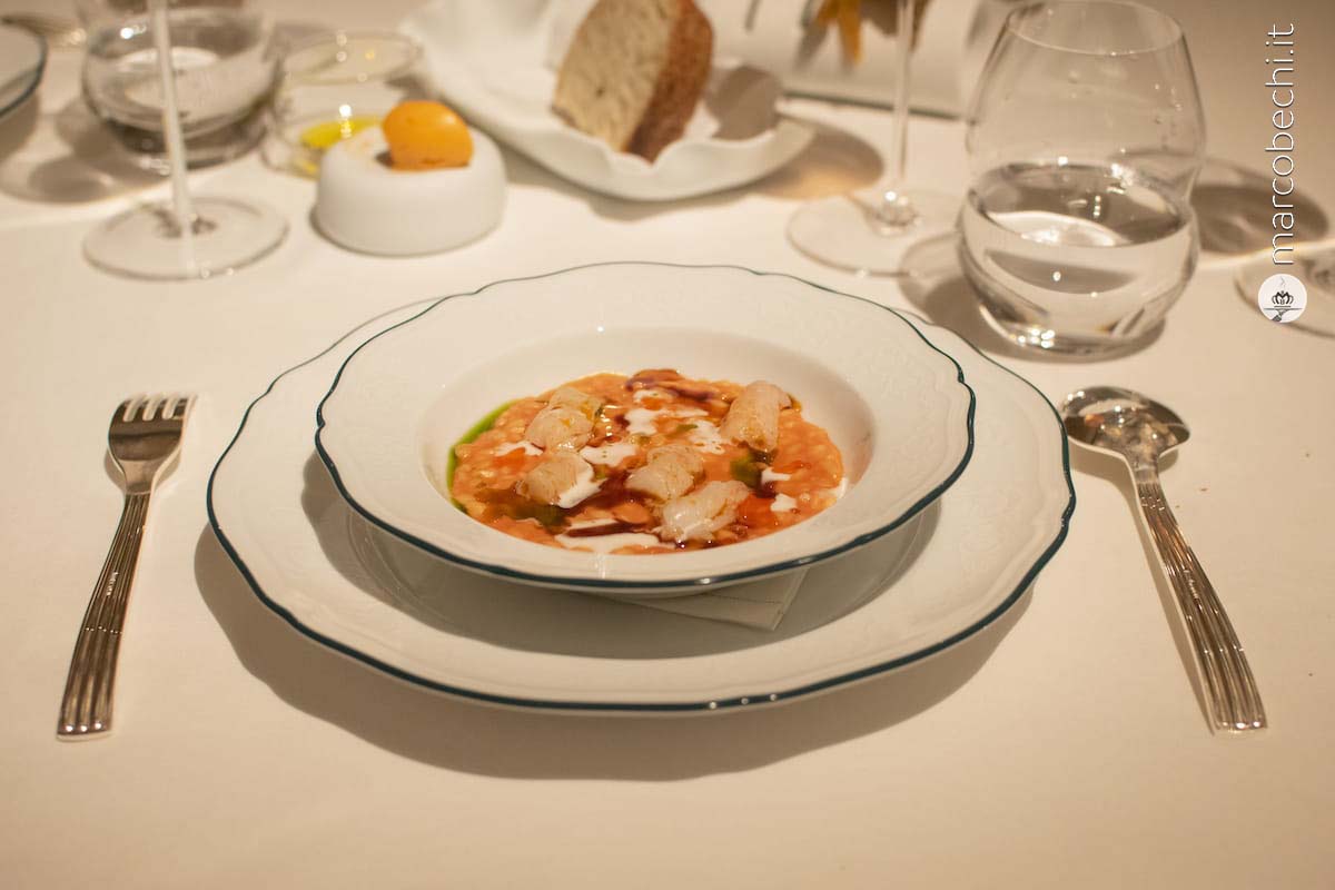 Risotto Caprese con Scampi Marinati al Basilico