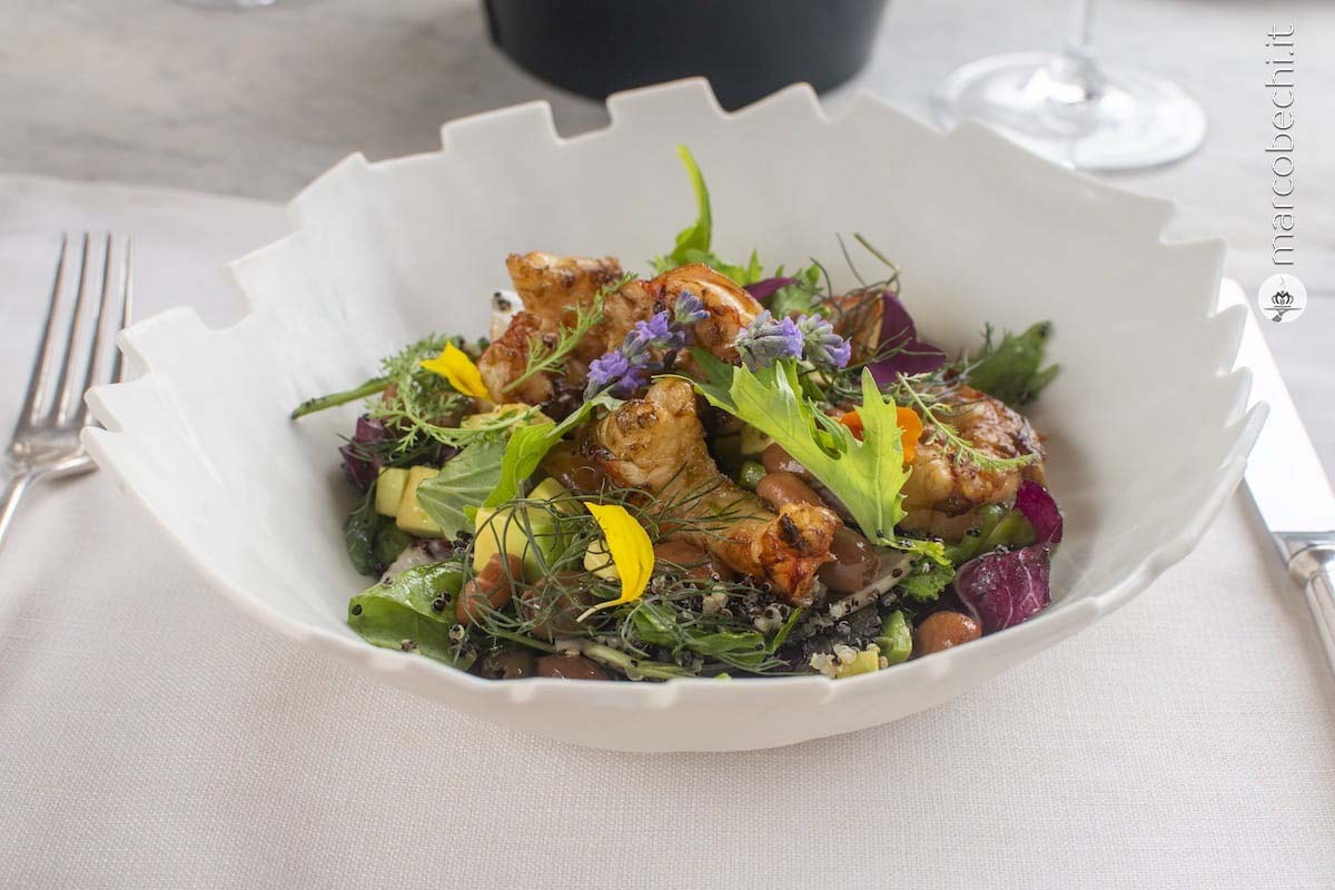 Insalata di varietà di quinoa, fagioli locali, avocado, olive e gamberi piastrati al limone