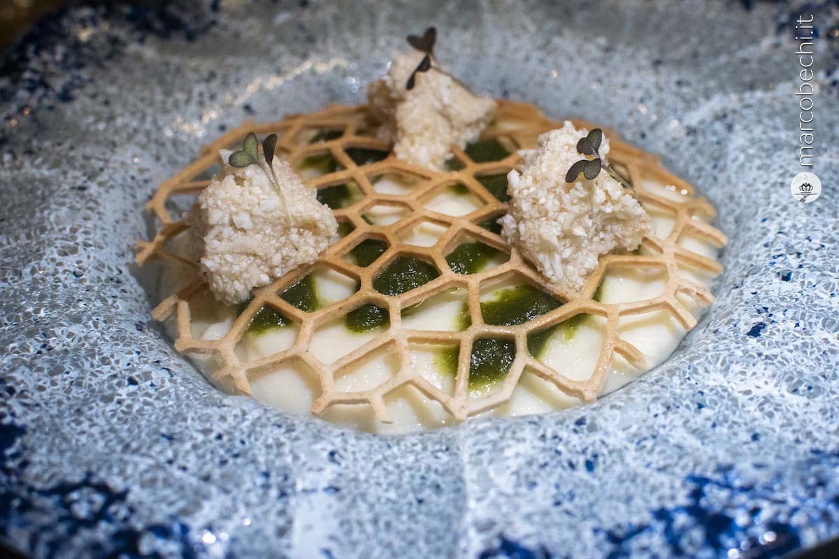 Vellutata di cavolfiore, il suo verde, cialda d'orzo croccante, pompelmo e melissa