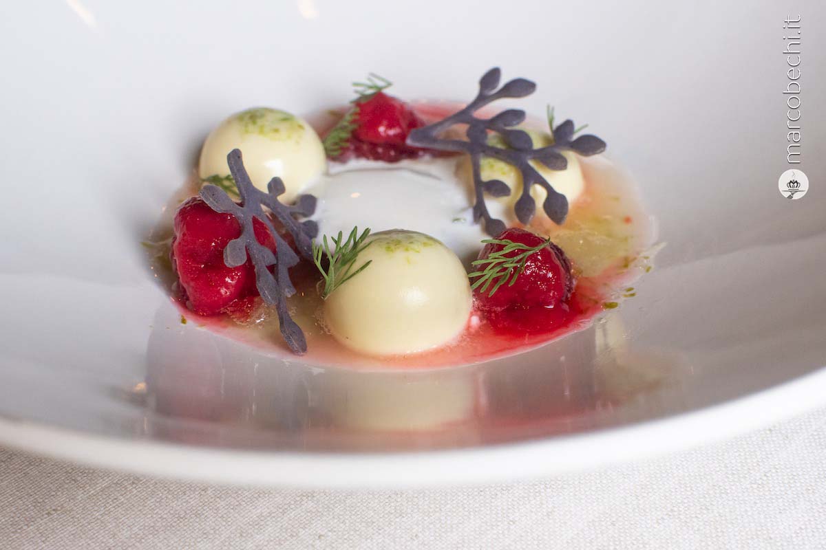 Cremoso di lime con cialda al mirtillo, lampone e kefir