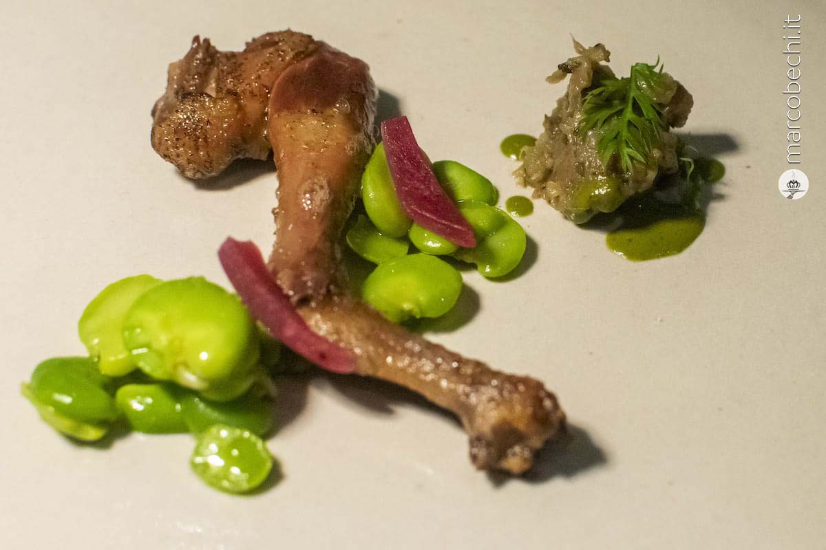 Piccione: la coscia farcita con guanciale e fave