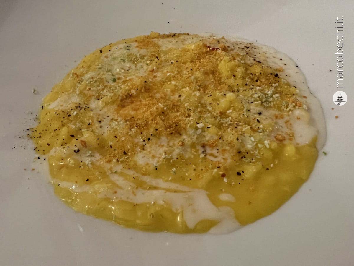 Risotto alla zafferano del chianti, fonduta di pecorino, arancia e polvere di porro