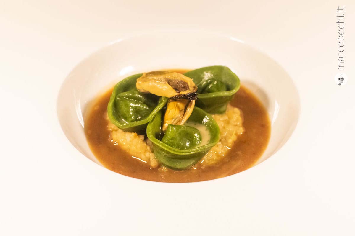 Tortello al caciucco, triglia di scoglio e il suo guazzetto
