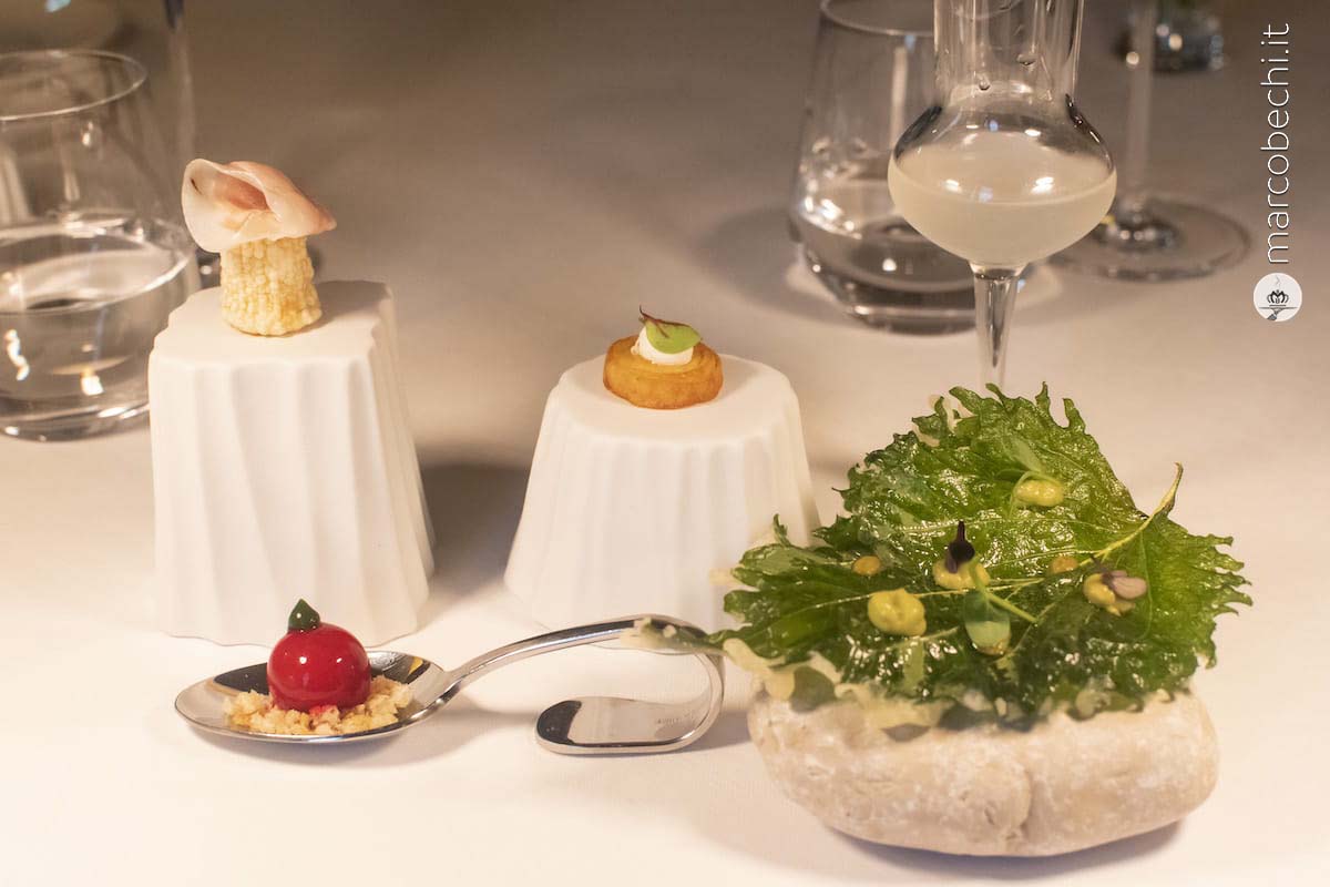 Pacchero con spuma di Amatriciana e guanciale, la nostra versione di bruschetta, patata sfogliata con caprino, una foglia di sciso fritta con maionese di avocado e jalapeno e la nostra ginger beer