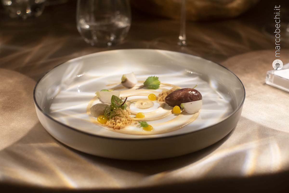 Crudo di capriolo, foies gras, mandorla e mandarino