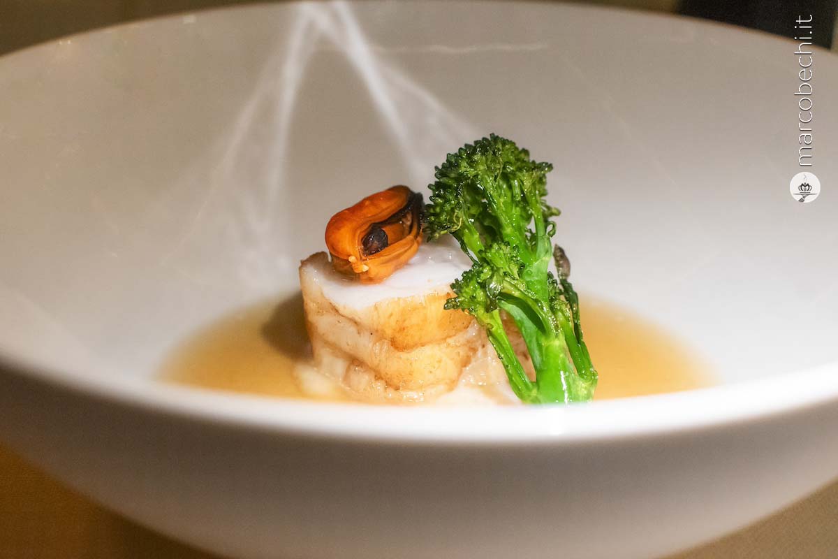 Rana Pescatrice, consommè di topinambur e cozza grigliata
