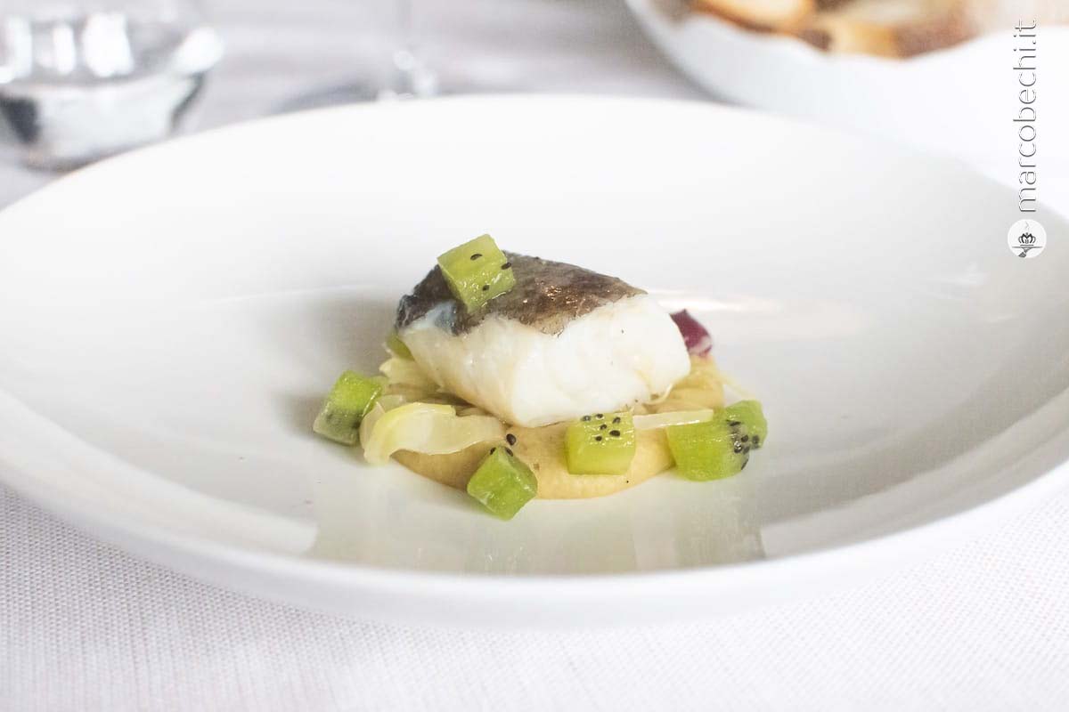 Baccalà in oliocottura, humus di ceci, kiwi e barbabietola