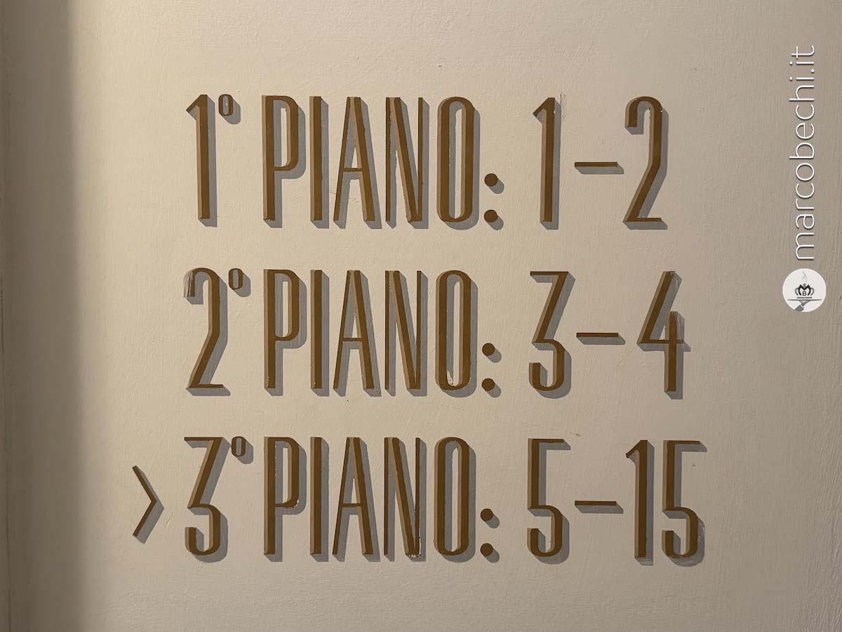 Le scritte che indicano le camere dipinte sul muro da un artista