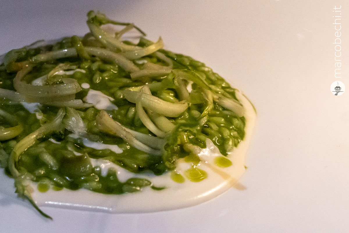 Risotto, cavolo nero, limone, puntarelle, mandorle