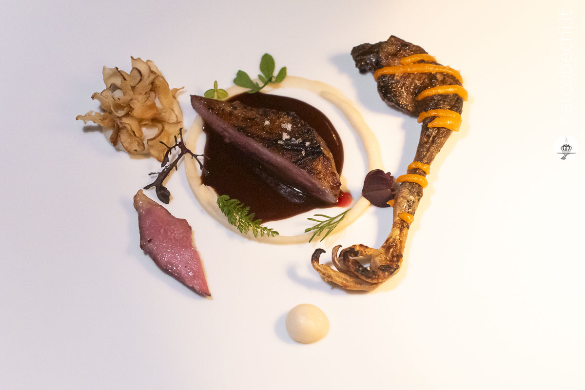 Piccione di Laura Peri, dolceforte, topinambur, pioppini, n’duja
