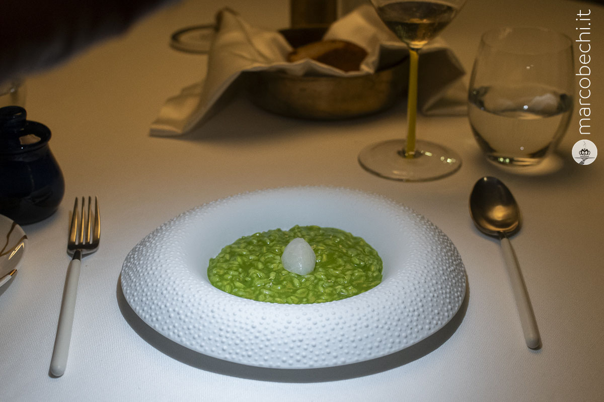 Risotto alle erbe amare, salsa in zimino, maionese al nero di seppia