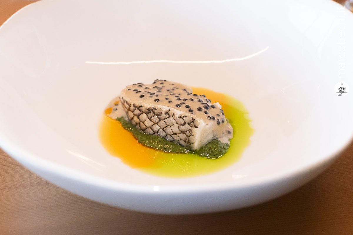 Moro oceanico nappato con la salsa delle sue spine e caviale, acetosa liquida