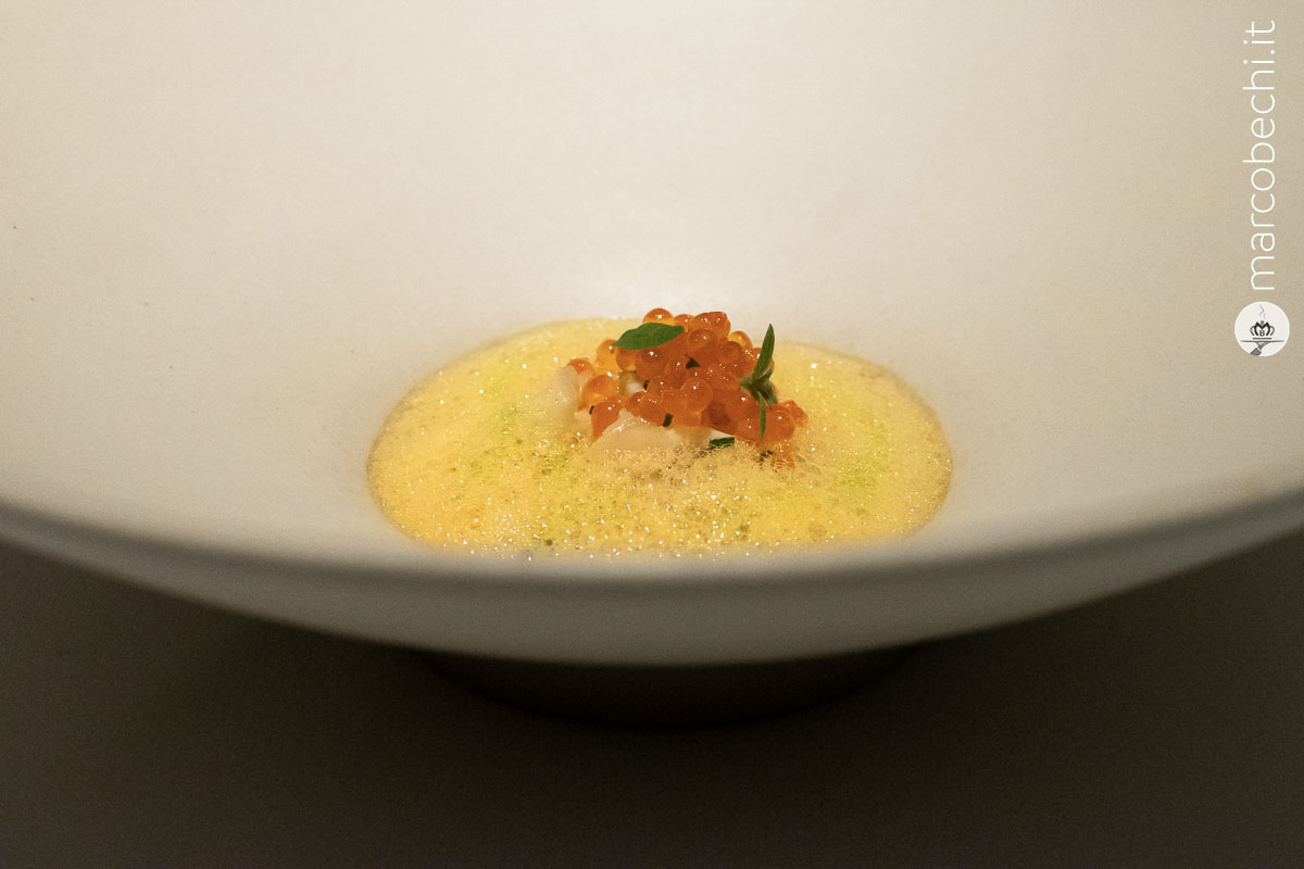 Cicala di mare, uova di trota, limone e bisque leggera