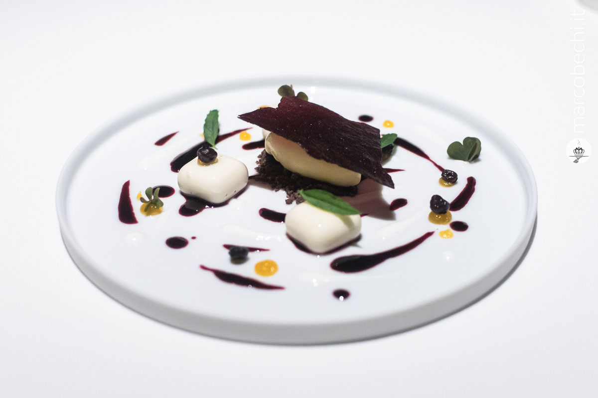 Mousse di Kefir, gelato ai fiori di nasturzio e mirtilli lacto fermentati