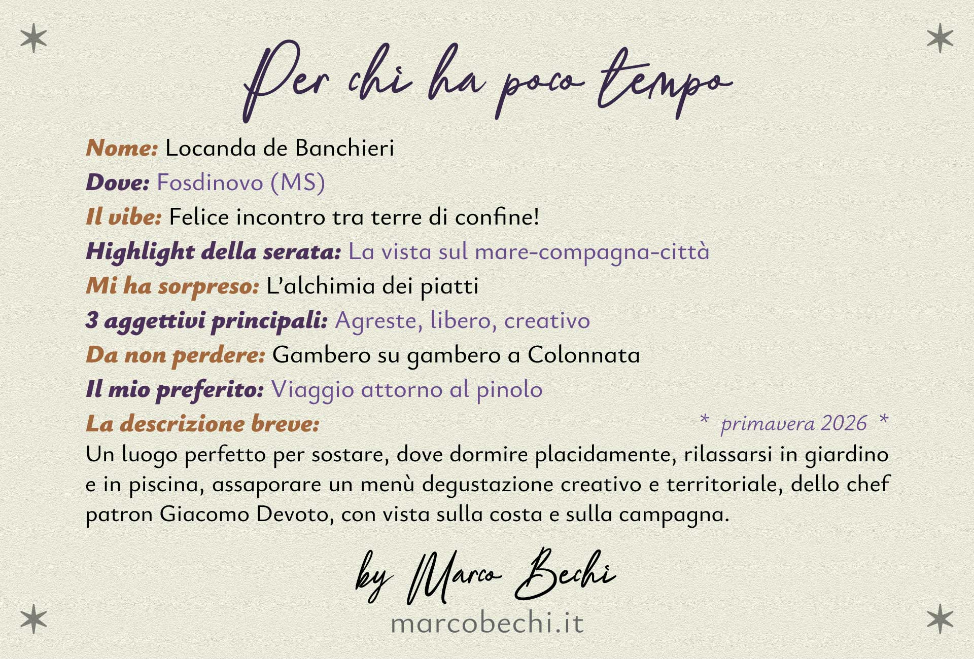 Locanda de Banchieri - Per Chi Ha Poco Tempo