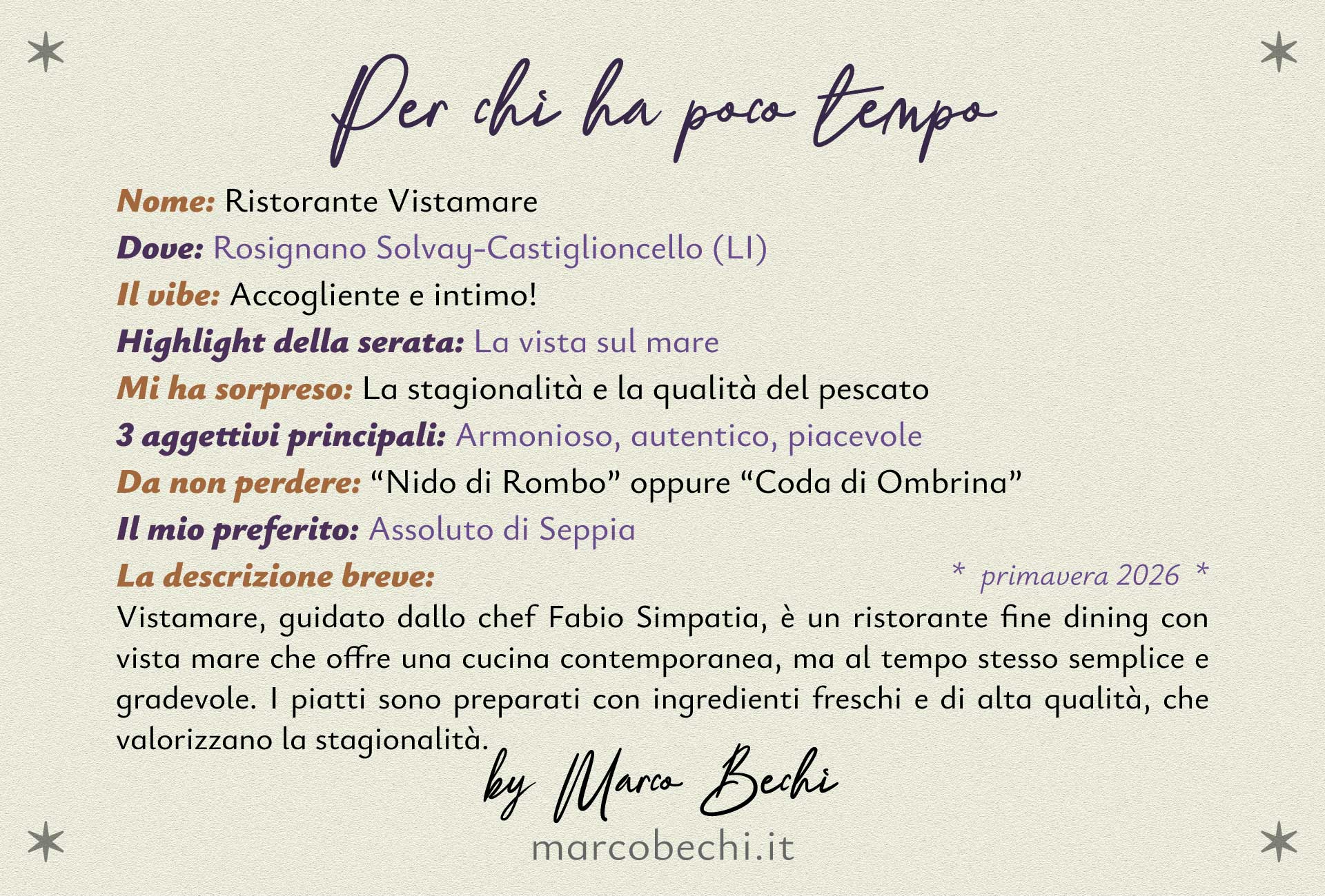 Ristorante Vistamare - Per Chi Ha Poco Tempo
