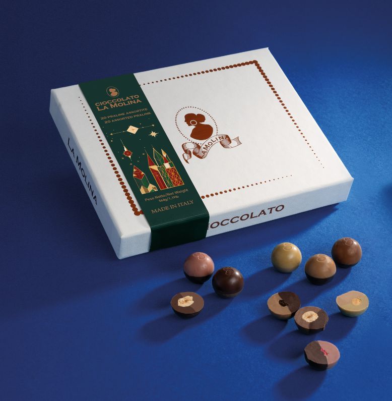 La Molina – Natale 2026 – confezione da 20 praline assortite su fondo blu